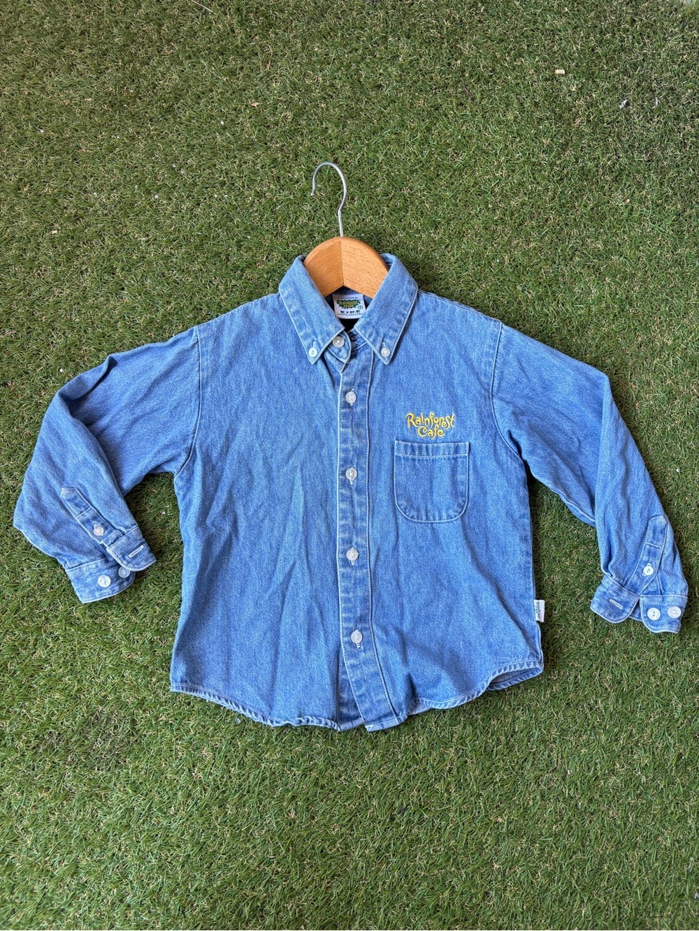 Vintage Rainforest Cafe Kids Denim Long Sleeve Button Down Shirt Light Wash